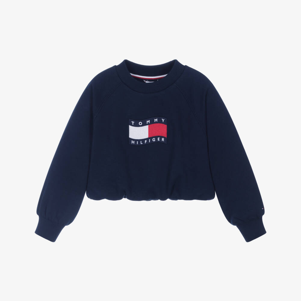 Tommy Hilfiger-Girls Navy Blue Bubble Hem Cotton Sweatshirt | Childrensalon