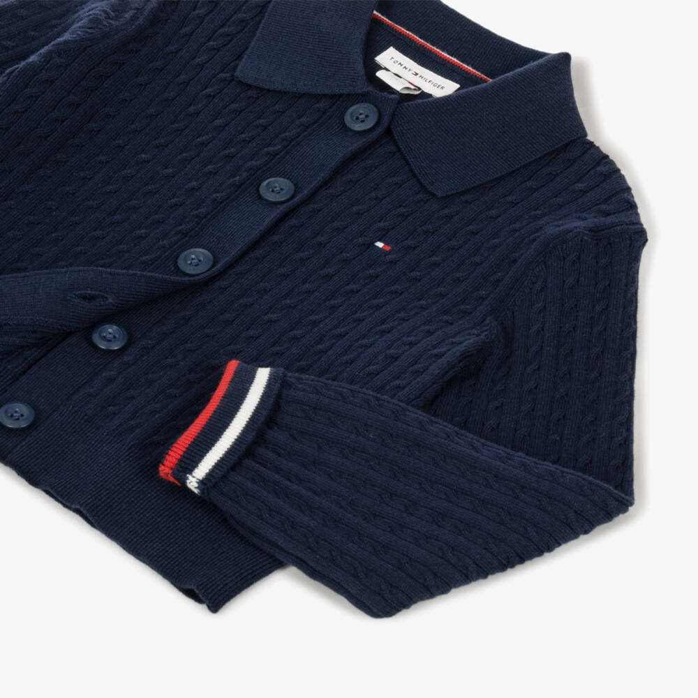 Tommy Hilfiger-Girls Navy Blue Cable Knit Short Polo Cardigan | Childrensalon
