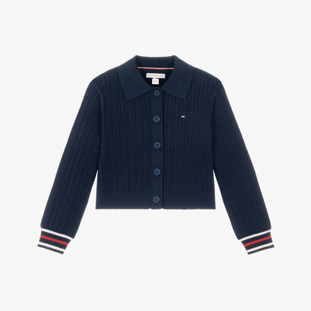 Tommy Hilfiger-Girls Navy Blue Cable Knit Short Polo Cardigan | Childrensalon