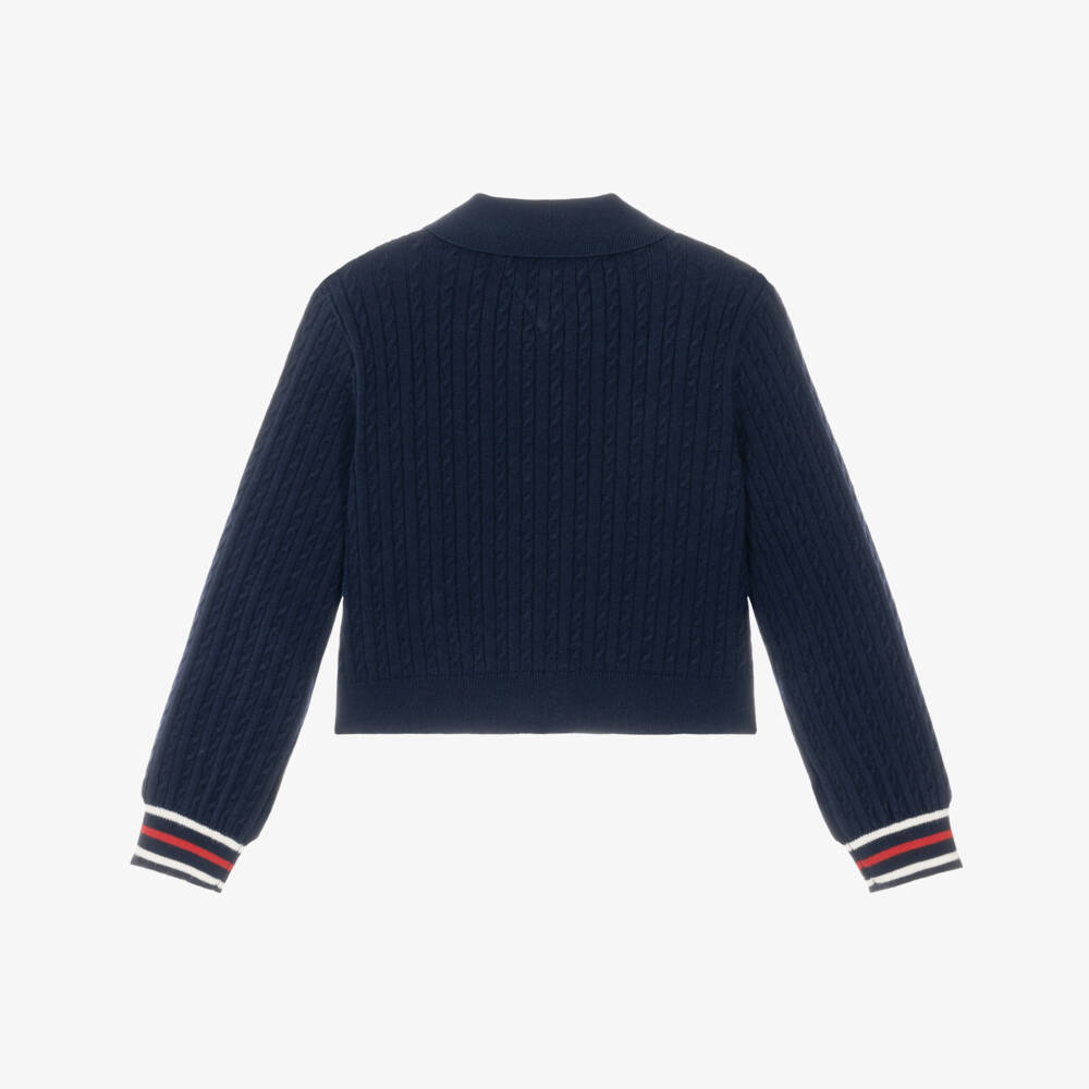 Tommy Hilfiger-Girls Navy Blue Cable Knit Short Polo Cardigan | Childrensalon