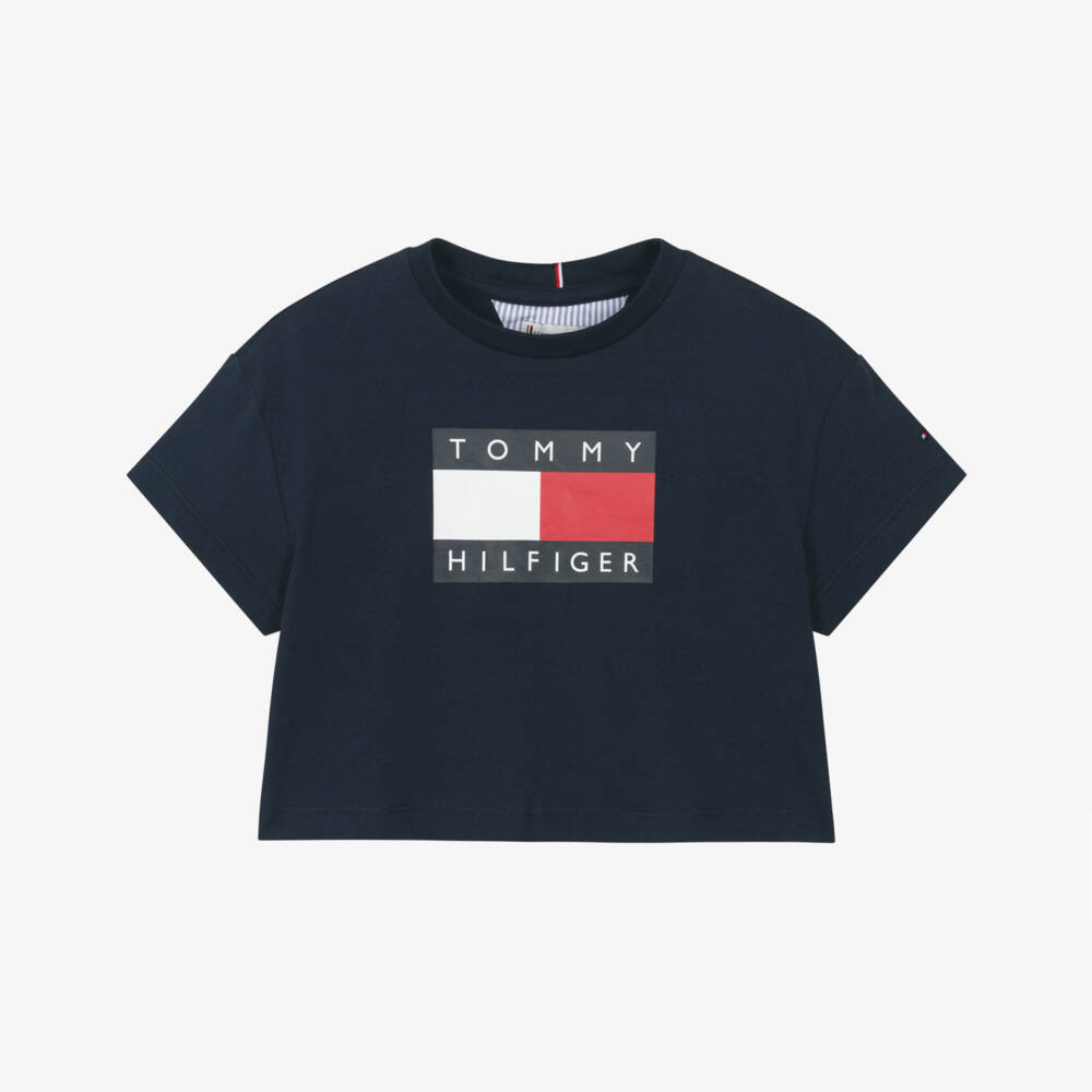 Tommy Hilfiger-Girls Navy Blue Cotton Boxy T-Shirt with Heritage Flag Logo | Childrensalon