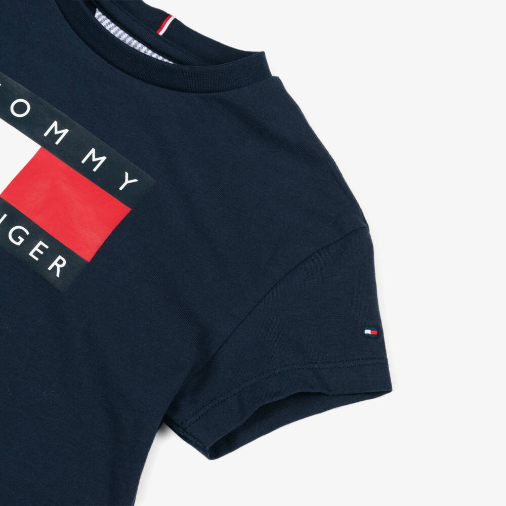 Tommy Hilfiger-Girls Navy Blue Cotton Boxy T-Shirt with Heritage Flag Logo | Childrensalon