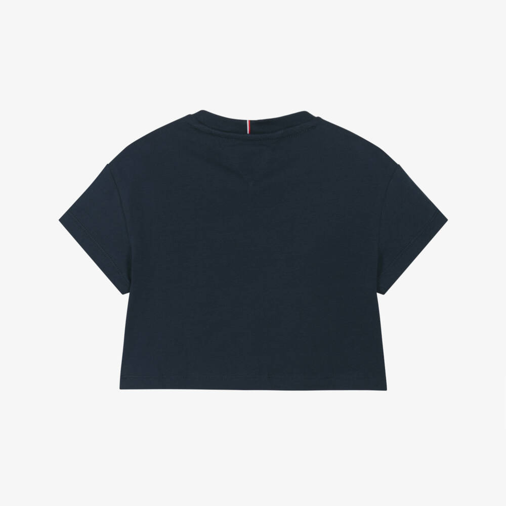 Tommy Hilfiger-Girls Navy Blue Cotton Boxy T-Shirt with Heritage Flag Logo | Childrensalon