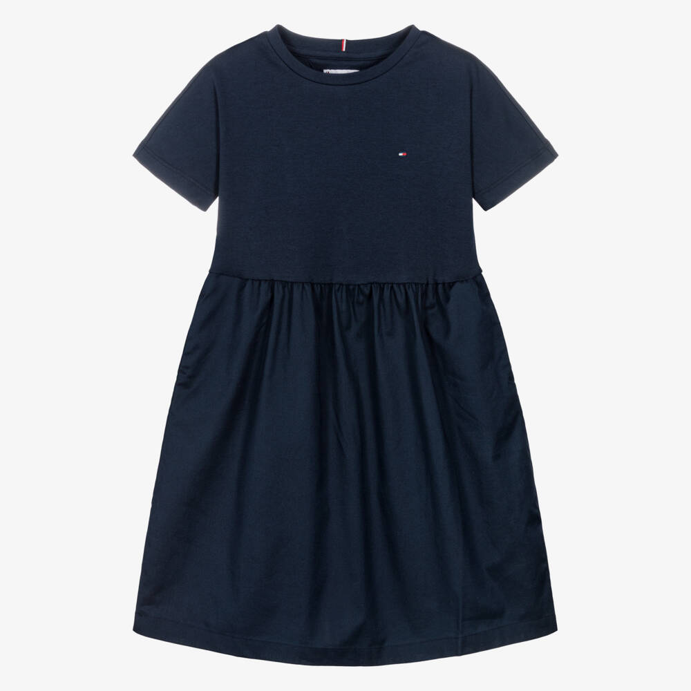 Tommy Hilfiger-Girls Navy Blue Cotton Jersey & Poplin Dress | Childrensalon
