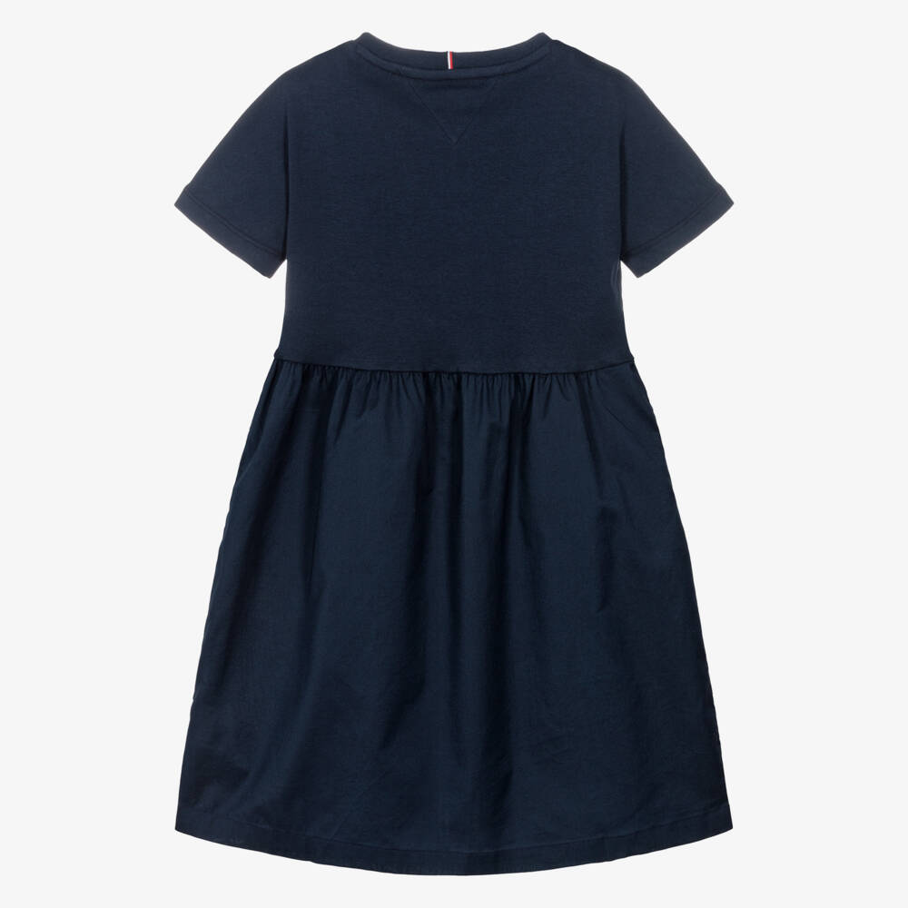 Tommy Hilfiger-Girls Navy Blue Cotton Jersey & Poplin Dress | Childrensalon