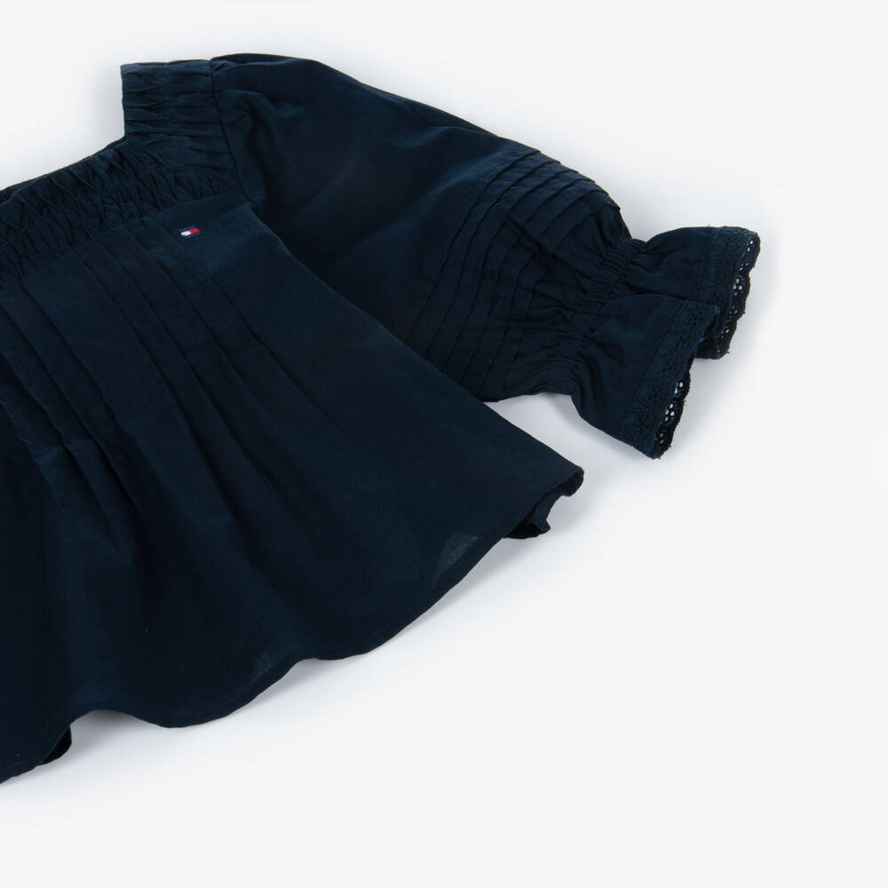 Tommy Hilfiger-Girls Navy Blue Cotton Pintuck Blouse with Broderie Trims | Childrensalon