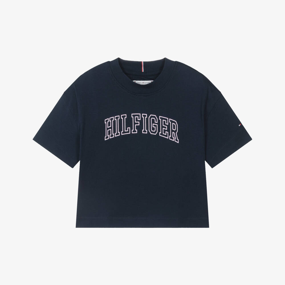 Tommy Hilfiger-Girls Navy Blue Cotton T-Shirt with Pink Varsity Logo | Childrensalon