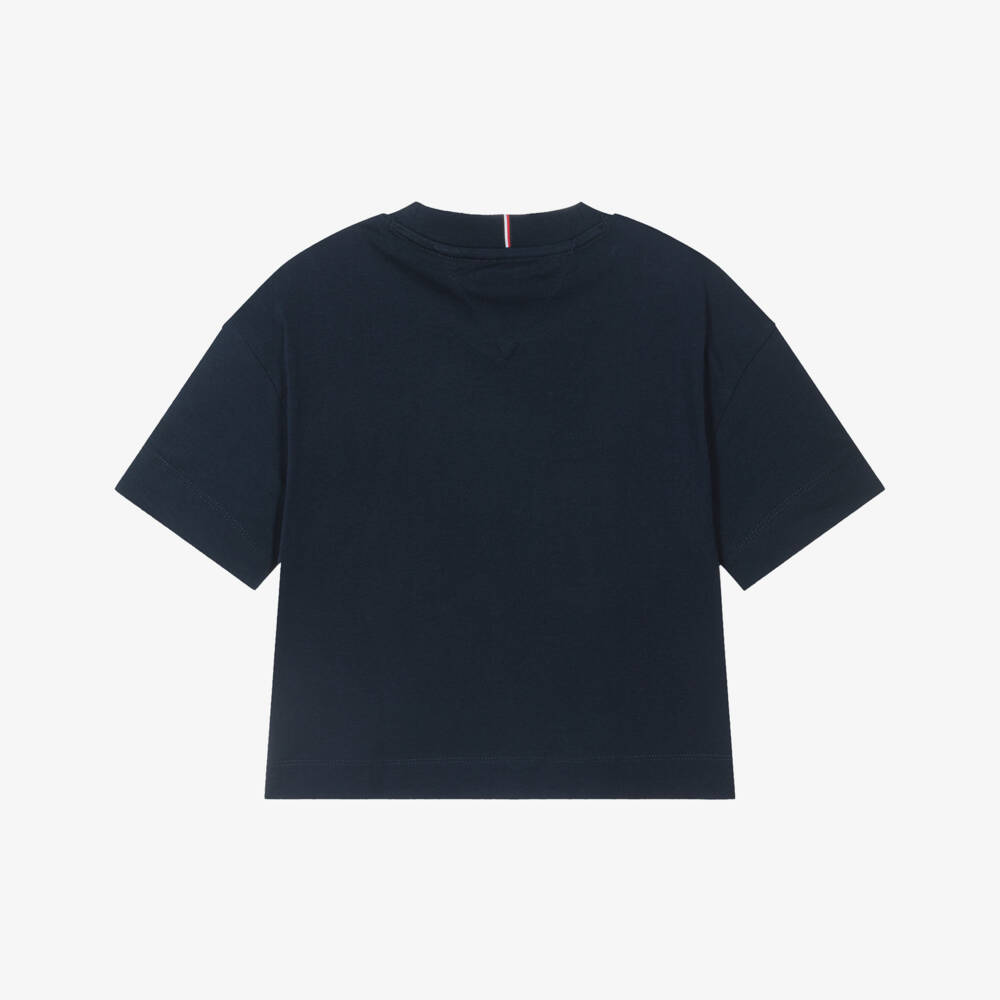 Tommy Hilfiger-Girls Navy Blue Cotton T-Shirt with Pink Varsity Logo | Childrensalon