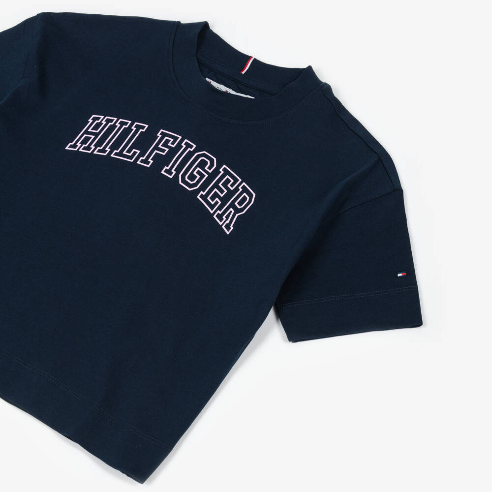 Tommy Hilfiger-Girls Navy Blue Cotton T-Shirt with Pink Varsity Logo | Childrensalon