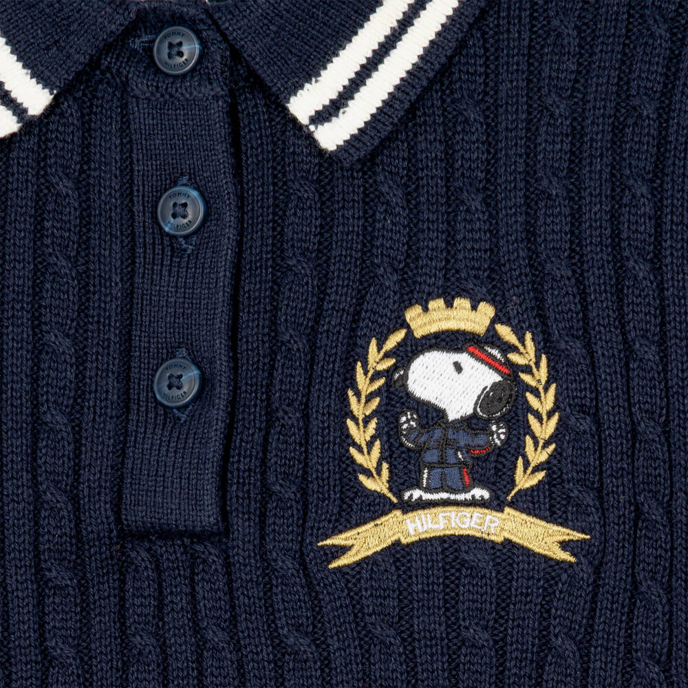 Tommy Hilfiger-Girls Navy Blue Knitted Dress with Peanuts Crest | Childrensalon