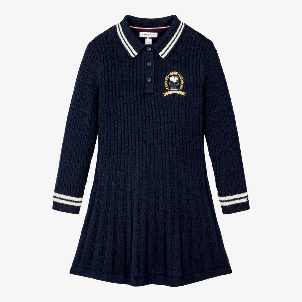 Tommy Hilfiger-Girls Navy Blue Knitted Dress with Peanuts Crest | Childrensalon