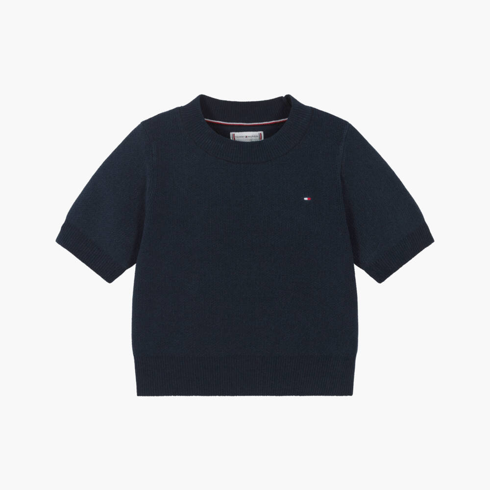 Tommy Hilfiger-Girls Navy Blue Knitted Short Sleeve Jumper | Childrensalon