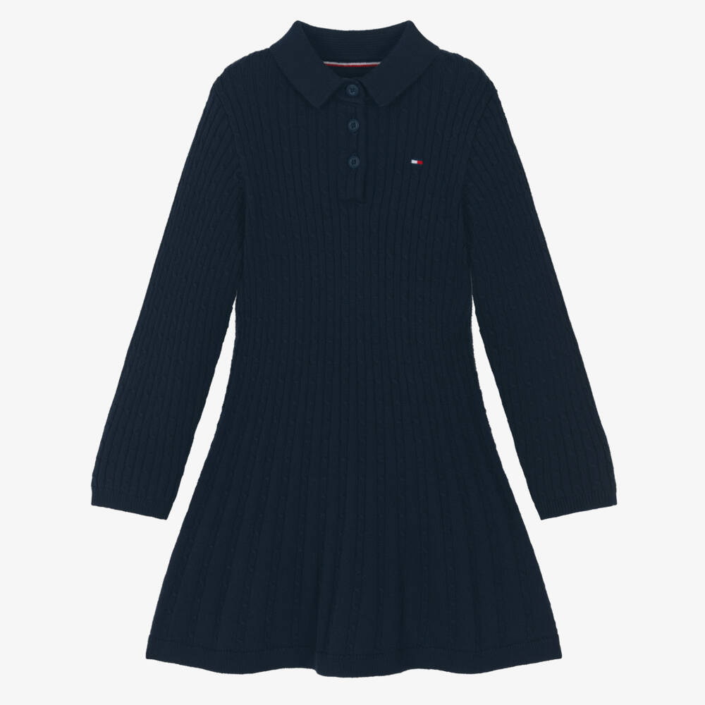 Tommy Hilfiger-Girls Navy Blue Organic Cotton Cable Knit Polo Dress | Childrensalon