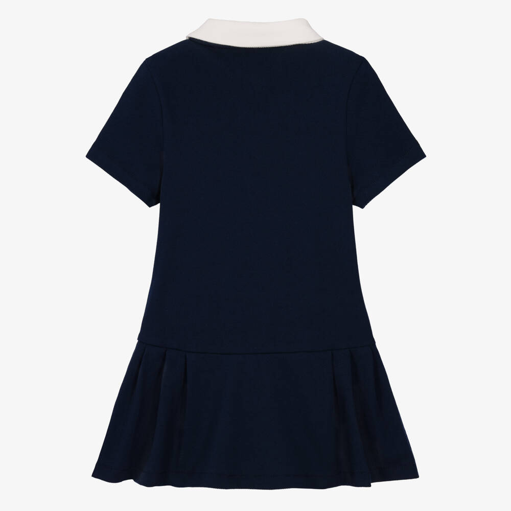 Tommy Hilfiger-Girls Navy Blue Piqué Polo Dress with White Collar | Childrensalon