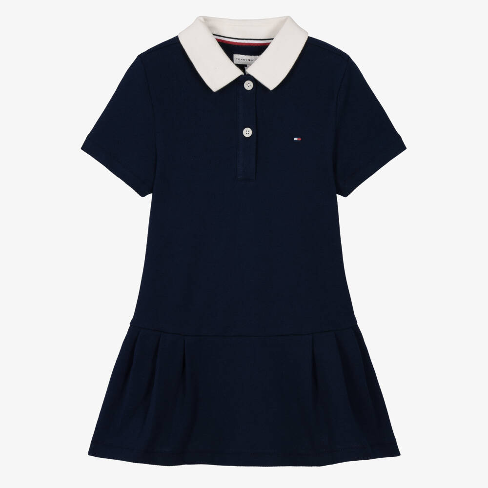 Tommy Hilfiger-Girls Navy Blue Piqué Polo Dress with White Collar | Childrensalon