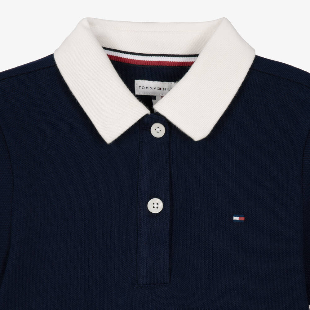 Tommy Hilfiger-Girls Navy Blue Piqué Polo Dress with White Collar | Childrensalon