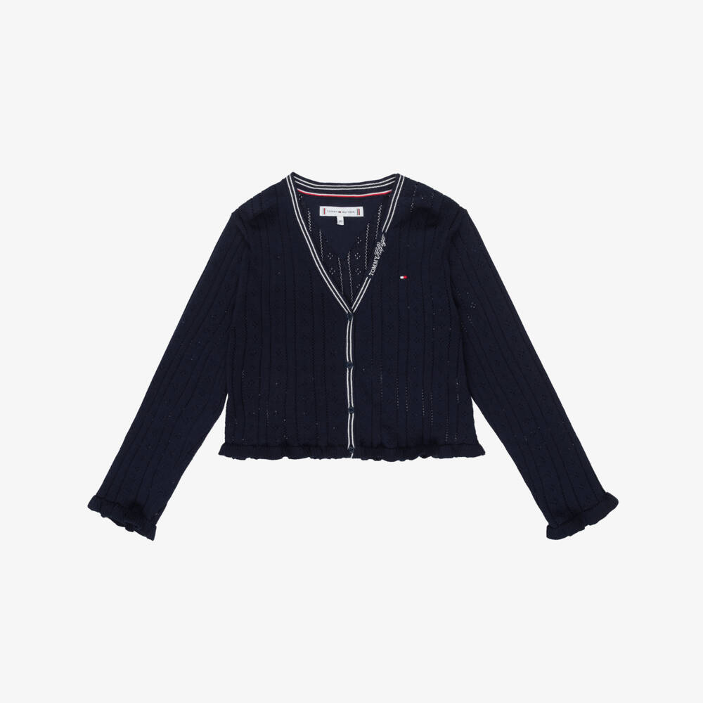 Tommy Hilfiger-Girls Navy Blue Pointelle Cardigan | Childrensalon