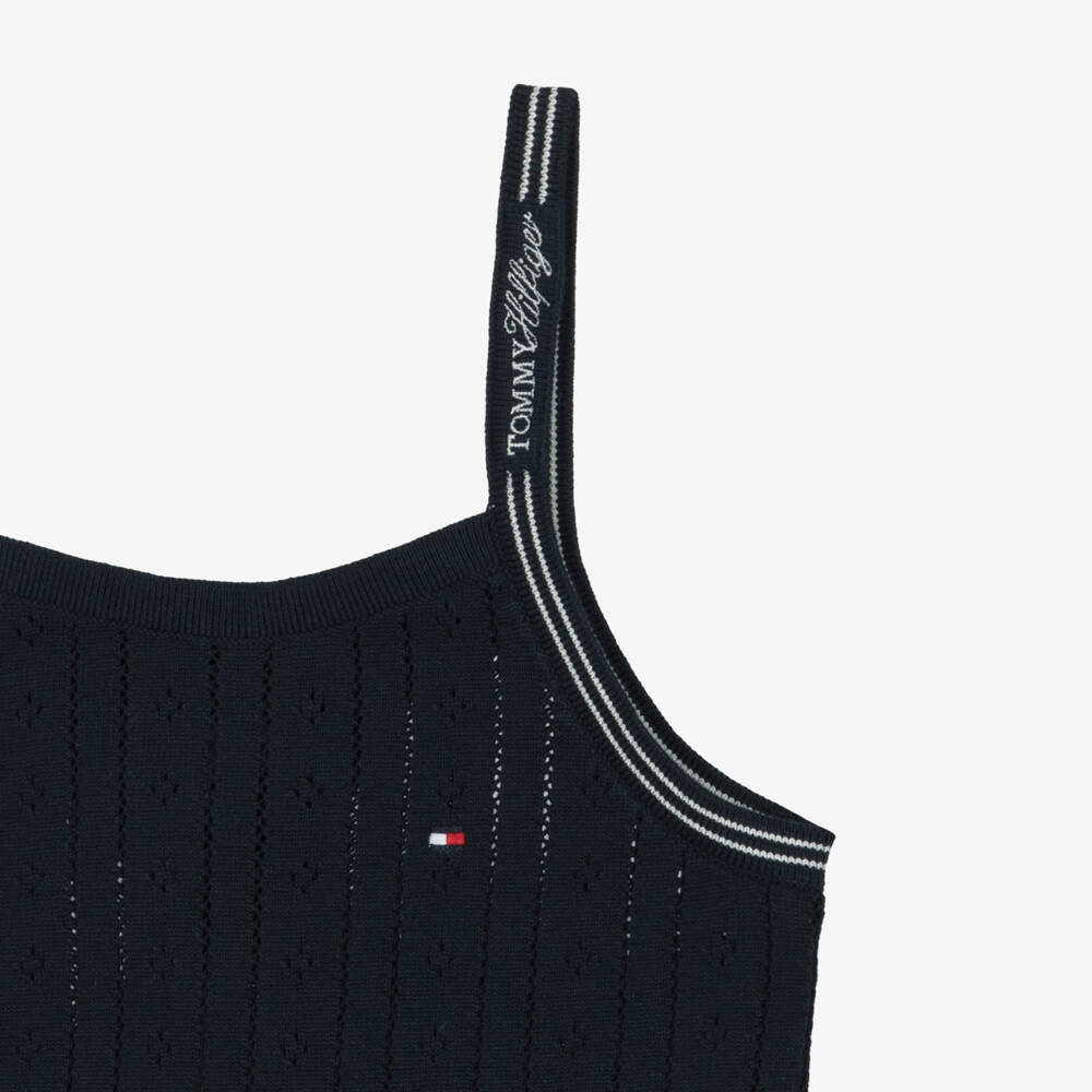 Tommy Hilfiger-Girls Navy Blue Pointelle Cotton Jersey Top | Childrensalon