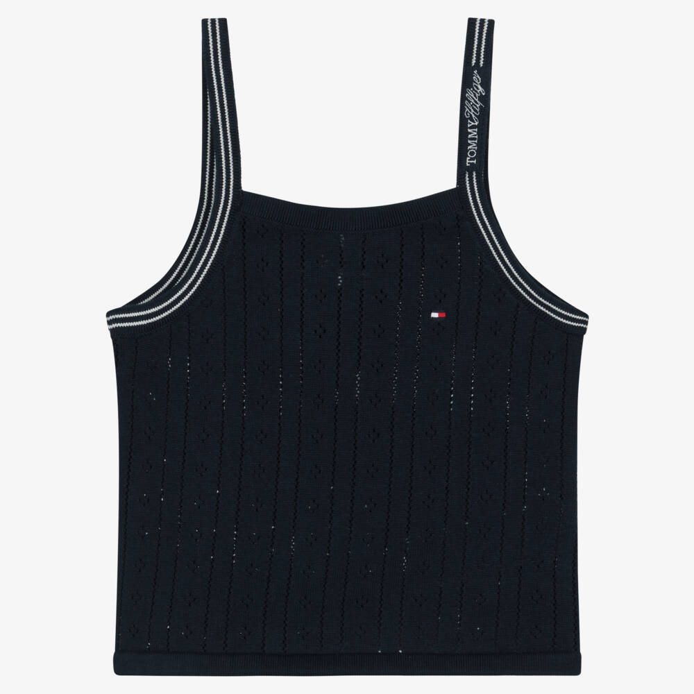 Tommy Hilfiger-Girls Navy Blue Pointelle Cotton Jersey Top | Childrensalon