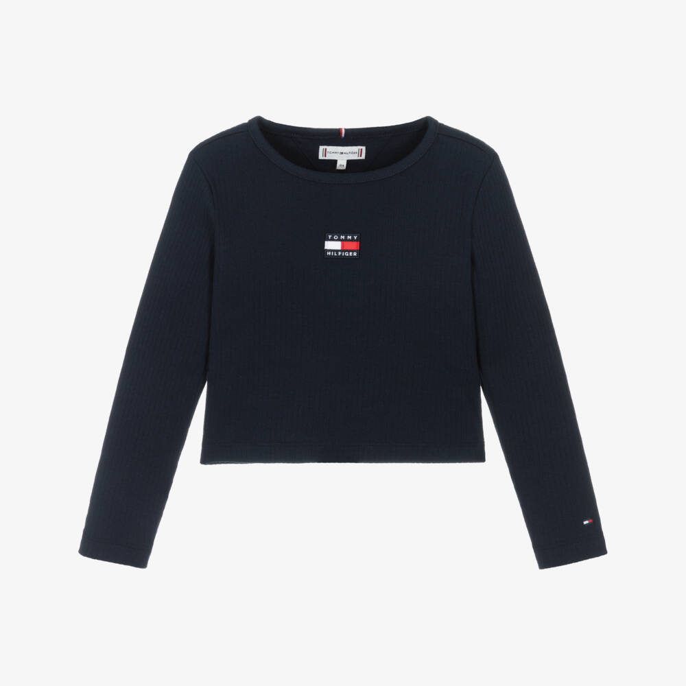 Tommy Hilfiger-Girls Navy Blue Ribbed Cotton Jersey Top with Flag Logo | Childrensalon