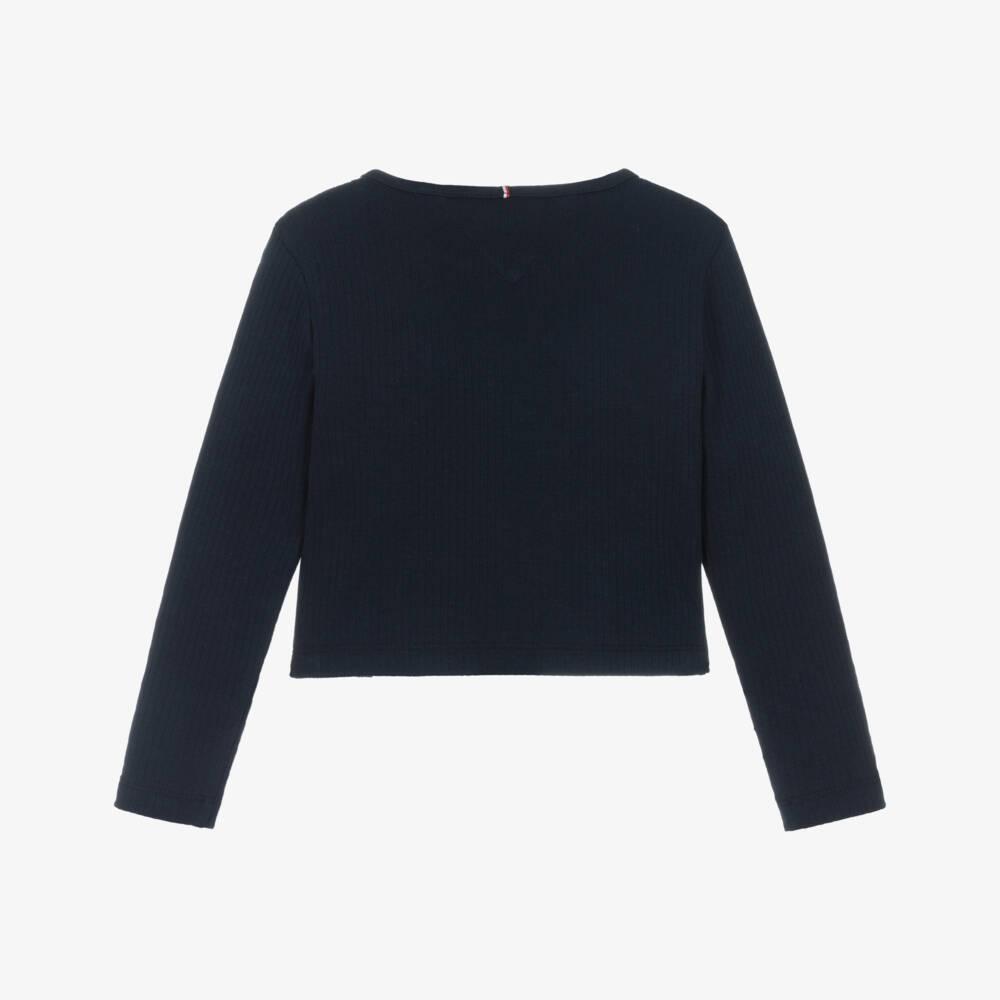 Tommy Hilfiger-Girls Navy Blue Ribbed Cotton Jersey Top with Flag Logo | Childrensalon
