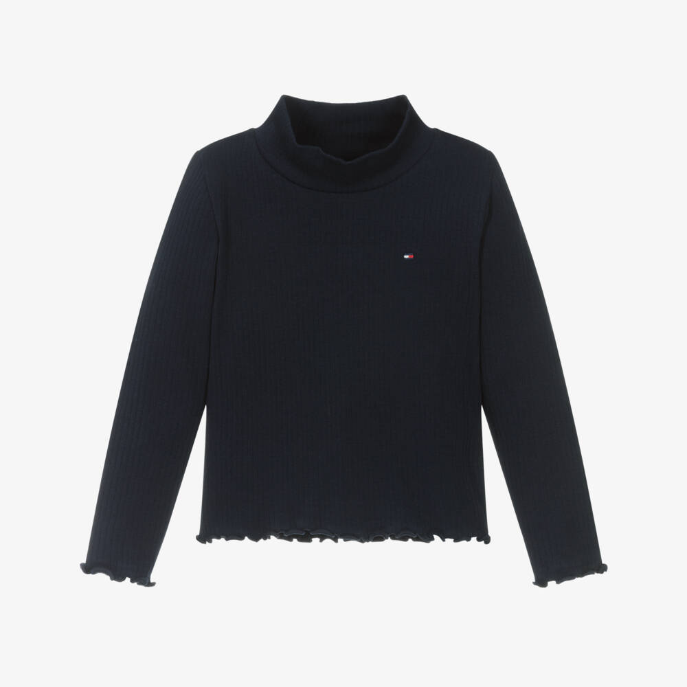 Tommy Hilfiger-Водолазка синяя из ребристого хлопкового трикотажа для девочек | Childrensalon