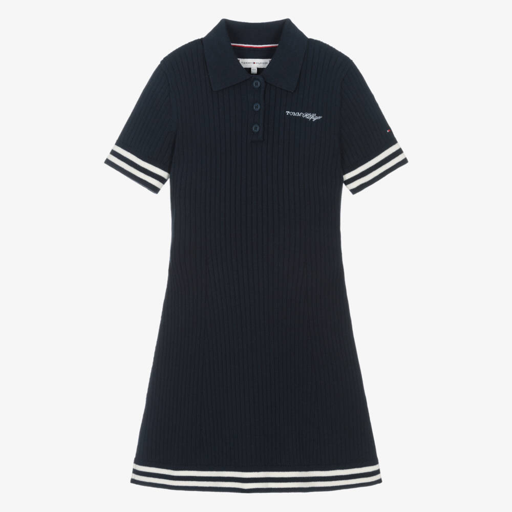 Tommy Hilfiger-Girls Navy Blue Ribbed Knit Polo Dress | Childrensalon