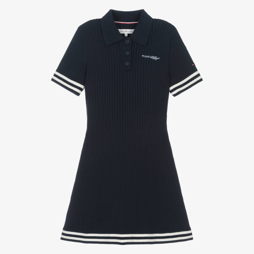 Tommy Hilfiger-Girls Navy Blue Ribbed Knit Polo Dress | Childrensalon