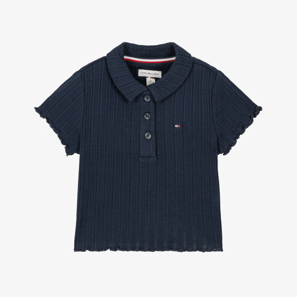 Tommy Hilfiger-Girls Navy Blue Ribbed Pointelle Polo Shirt | Childrensalon