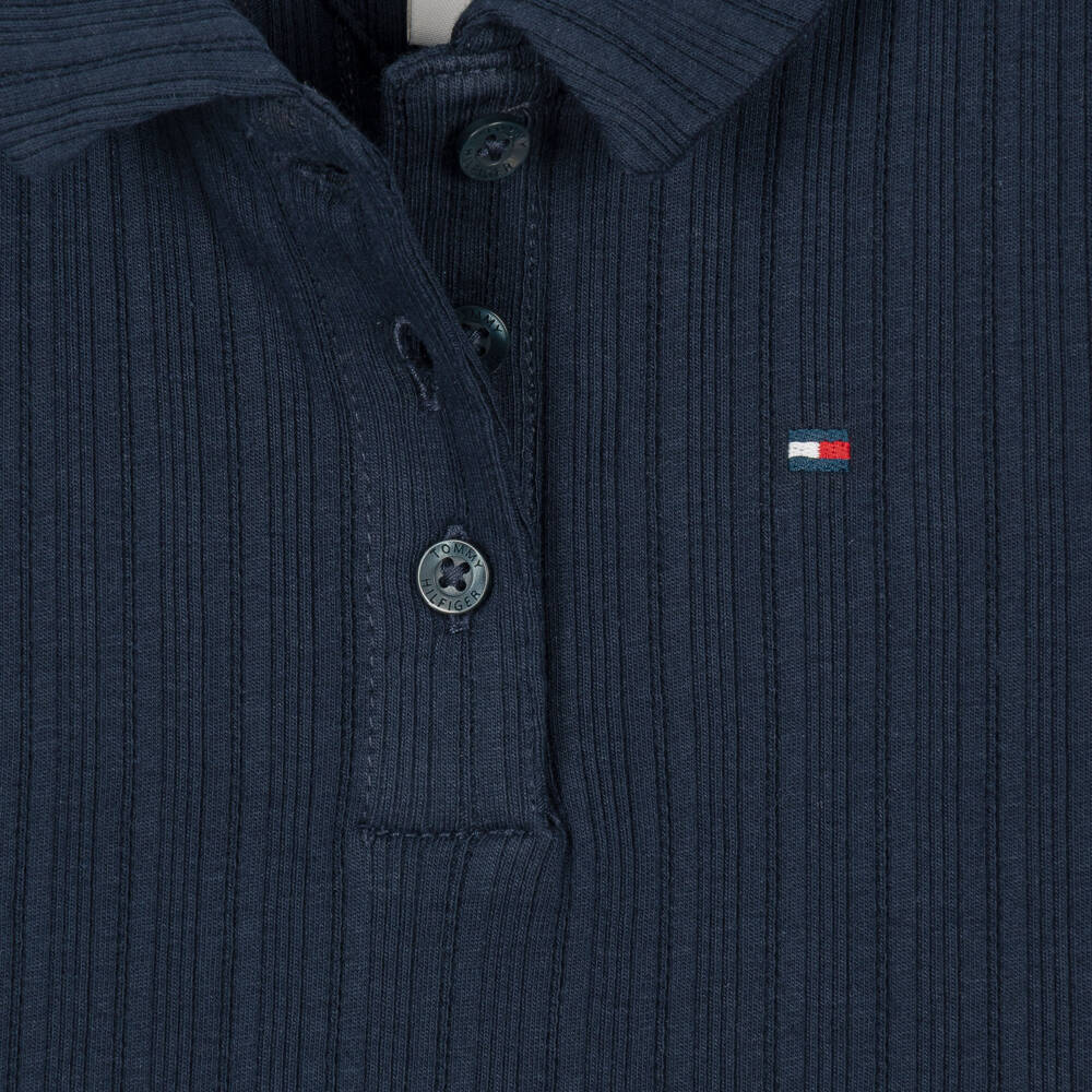 Tommy Hilfiger-Girls Navy Blue Ribbed Pointelle Polo Shirt | Childrensalon