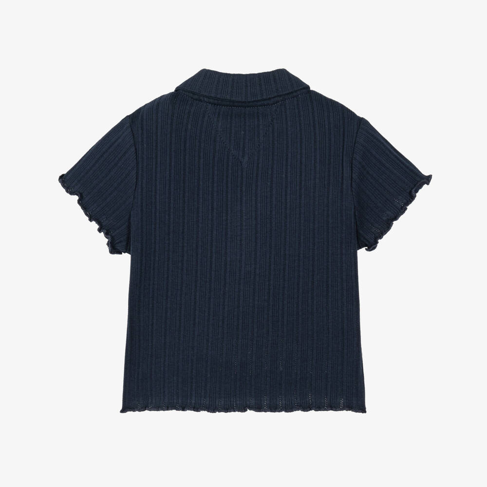 Tommy Hilfiger-Girls Navy Blue Ribbed Pointelle Polo Shirt | Childrensalon