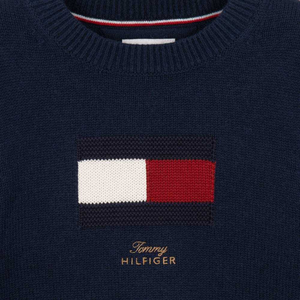 Tommy Hilfiger-Girls Navy Blue Sweater with Gold Logo | Childrensalon