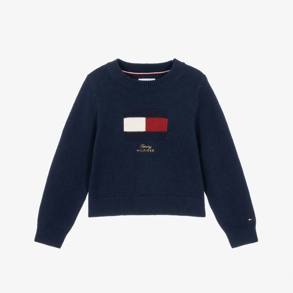Tommy Hilfiger-Girls Navy Blue Sweater with Gold Logo | Childrensalon