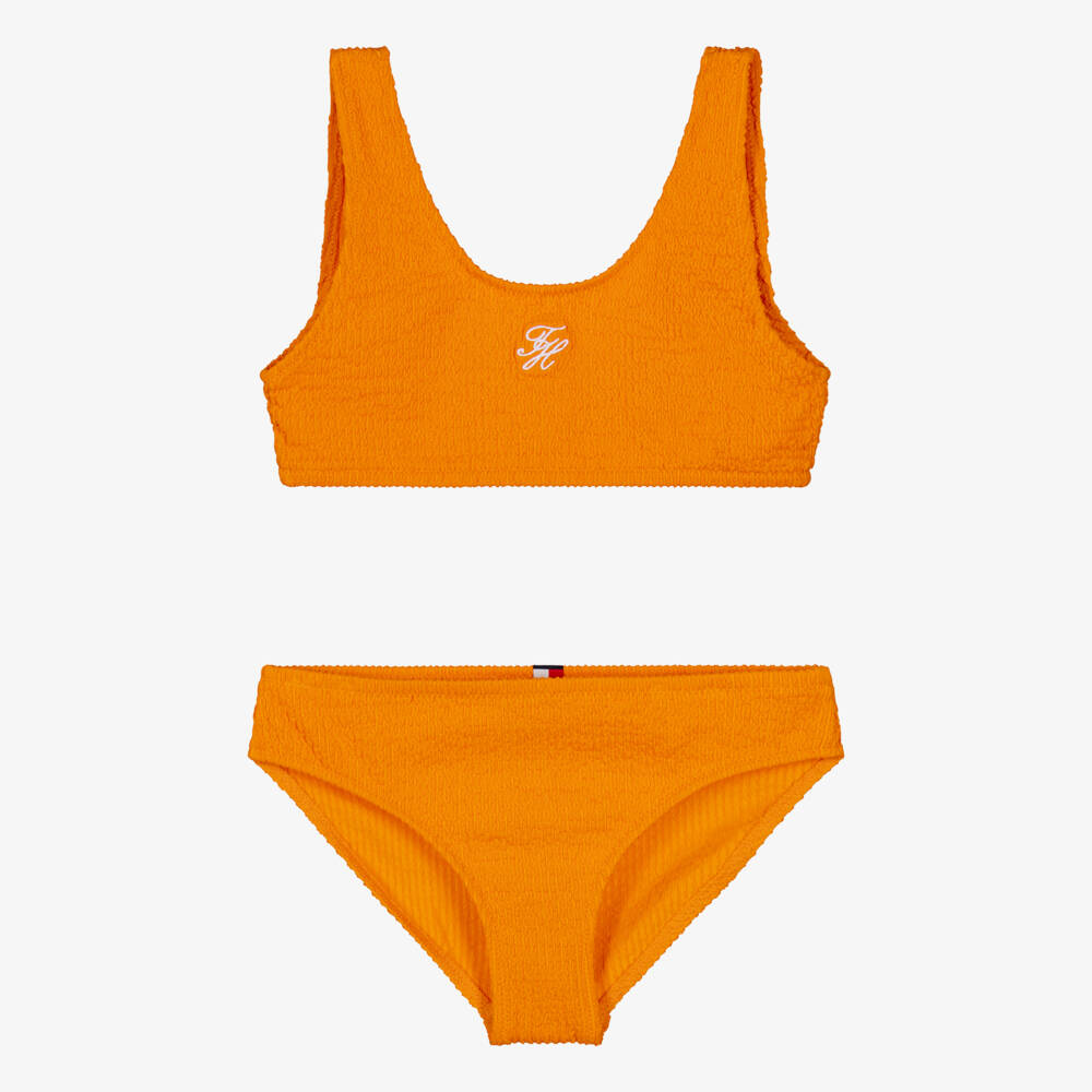 Tommy Hilfiger-Girls Orange Crinkle Bikini with Logo Embroidery | Childrensalon