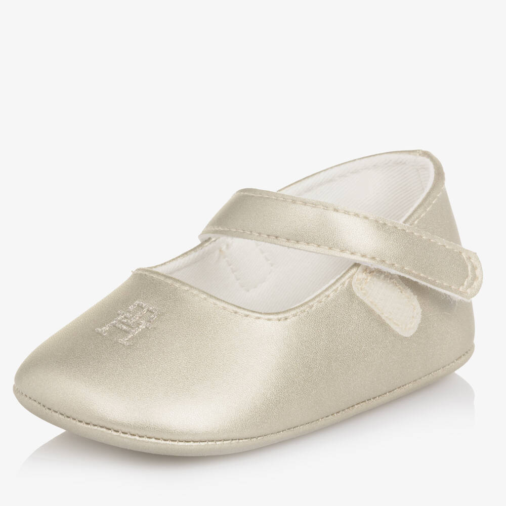 Tommy Hilfiger-Girls Pale Gold Faux Leather Pre-Walker Shoes | Childrensalon