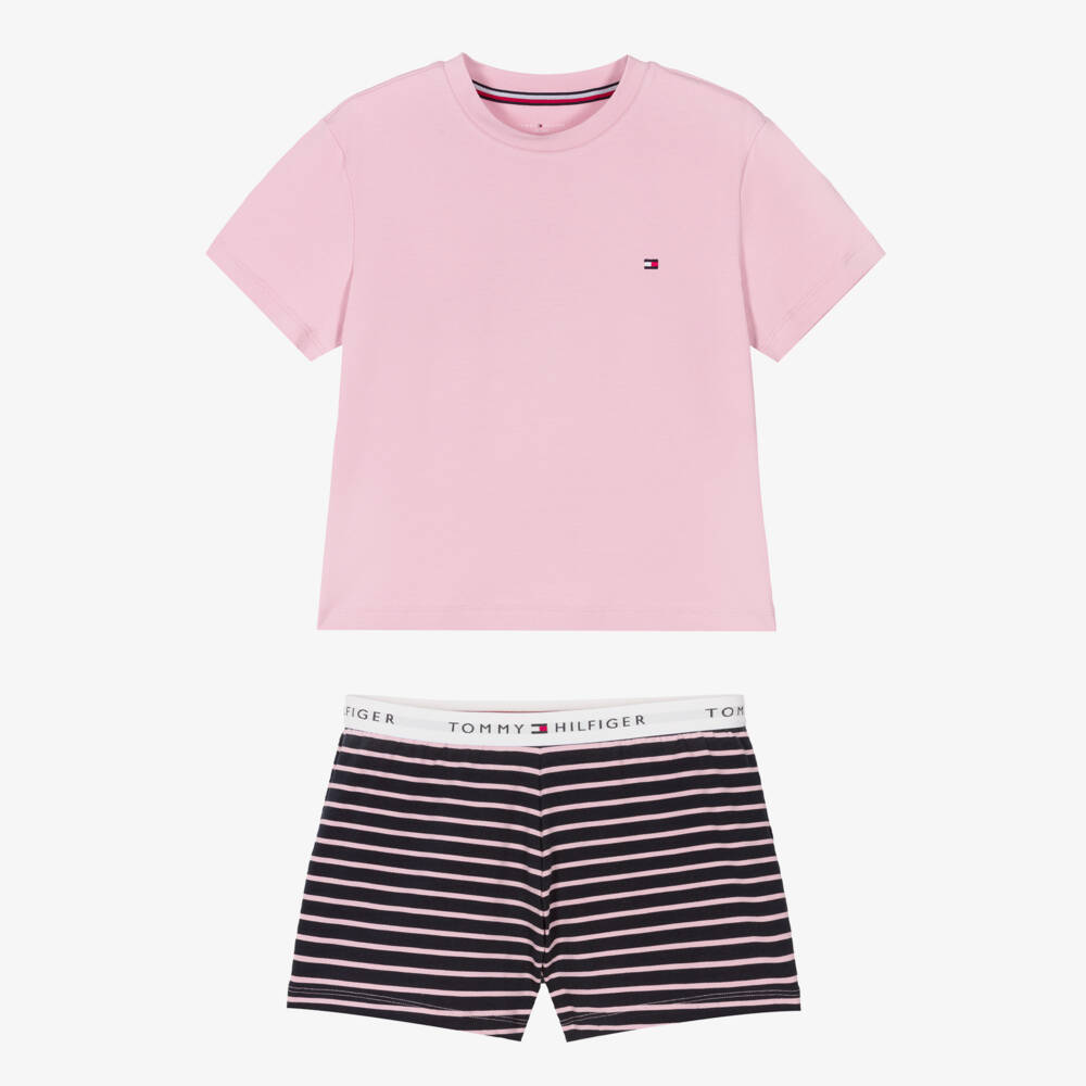 Tommy Hilfiger-Girls Pale Pink & Navy Blue Cotton Short Pyjamas | Childrensalon