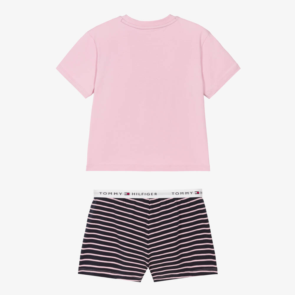 Tommy Hilfiger-Girls Pale Pink & Navy Blue Cotton Short Pyjamas | Childrensalon