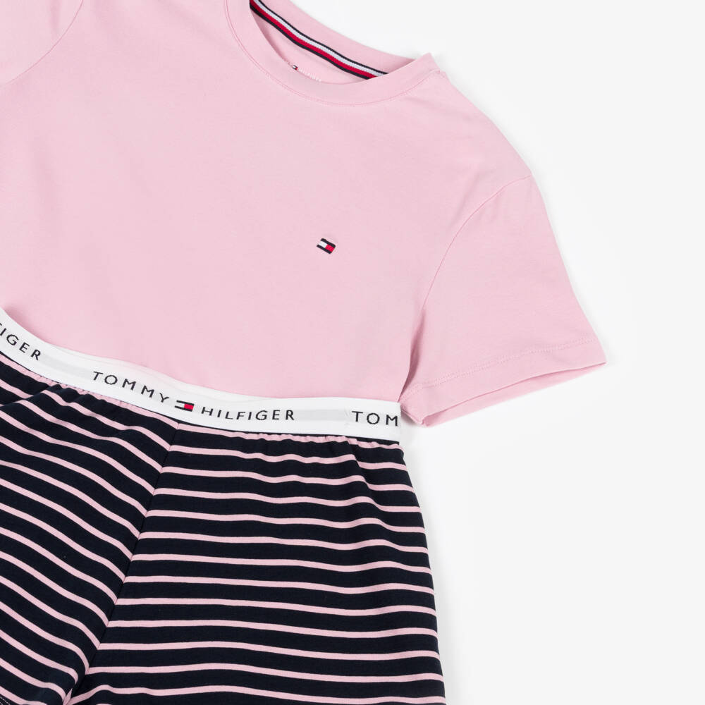 Tommy Hilfiger-Girls Pale Pink & Navy Blue Cotton Short Pyjamas | Childrensalon