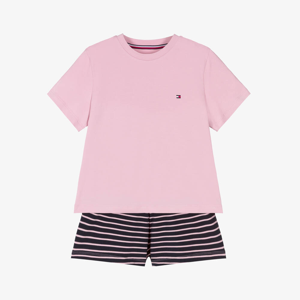 Tommy Hilfiger-Girls Pale Pink & Navy Blue Cotton Short Pyjamas | Childrensalon