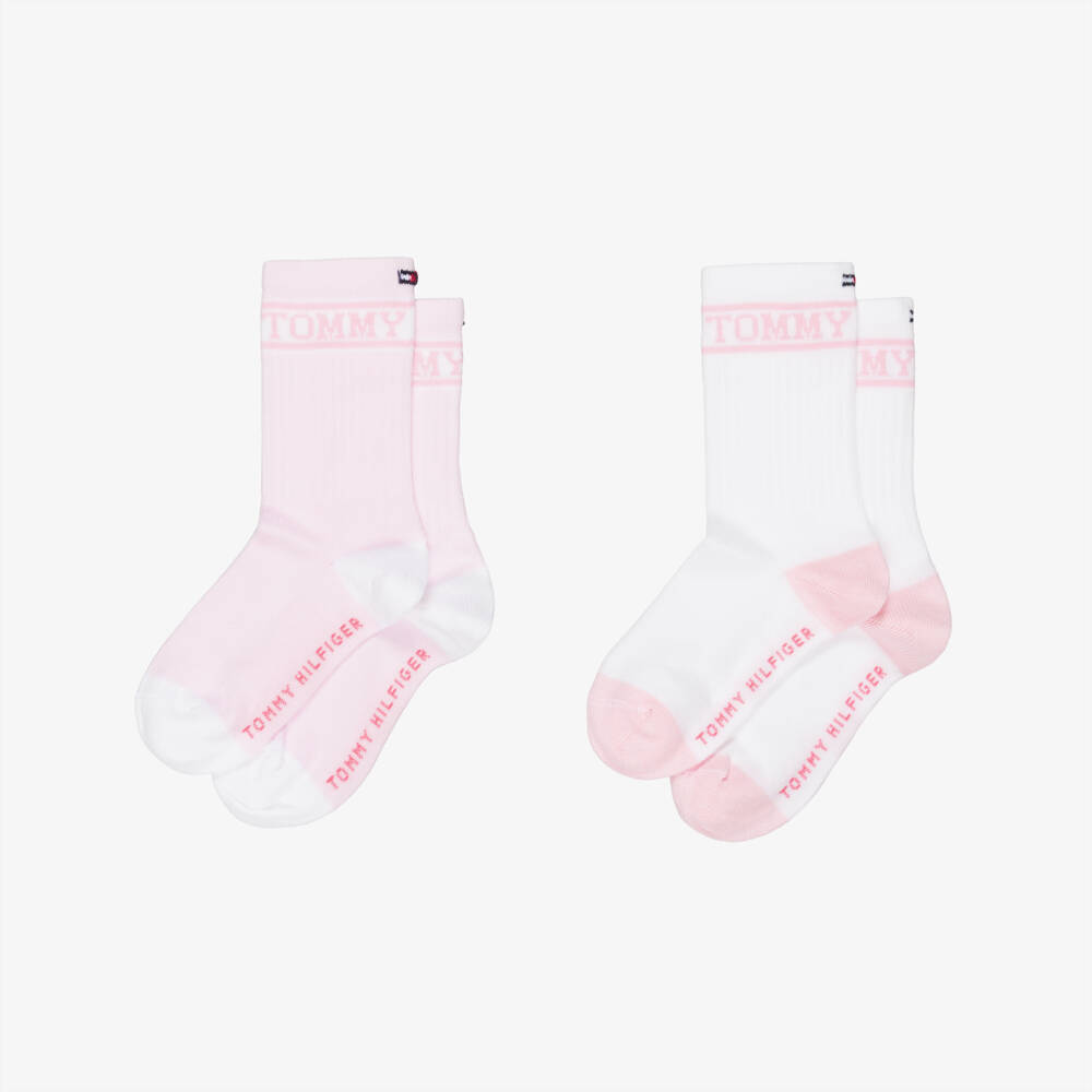 Tommy Hilfiger-Girls Pale Pink & White Logo Ankle Socks (2 Pack) | Childrensalon