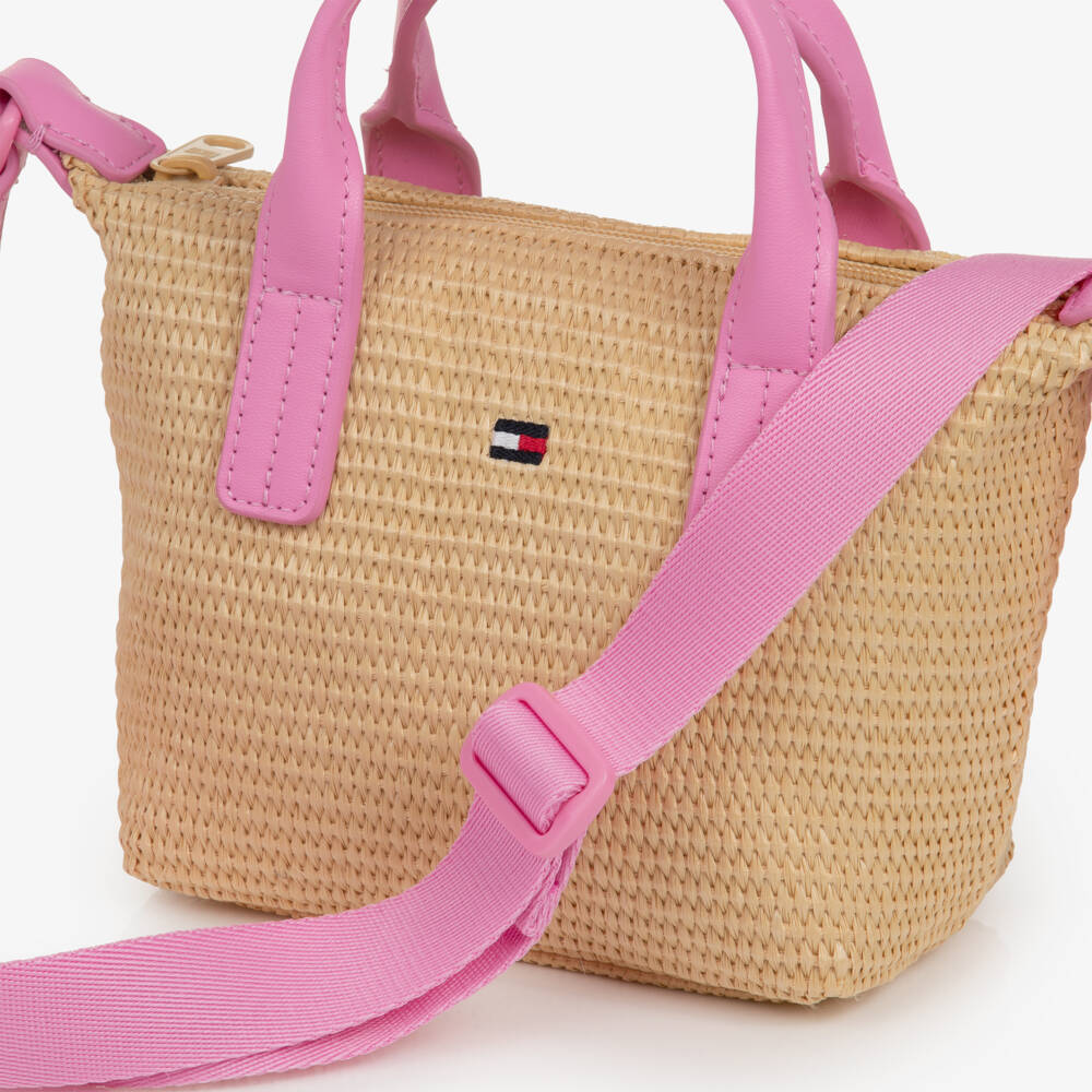 Tommy Hilfiger-Girls Pink & Beige Raffia Crossbody Bag (15cm) | Childrensalon
