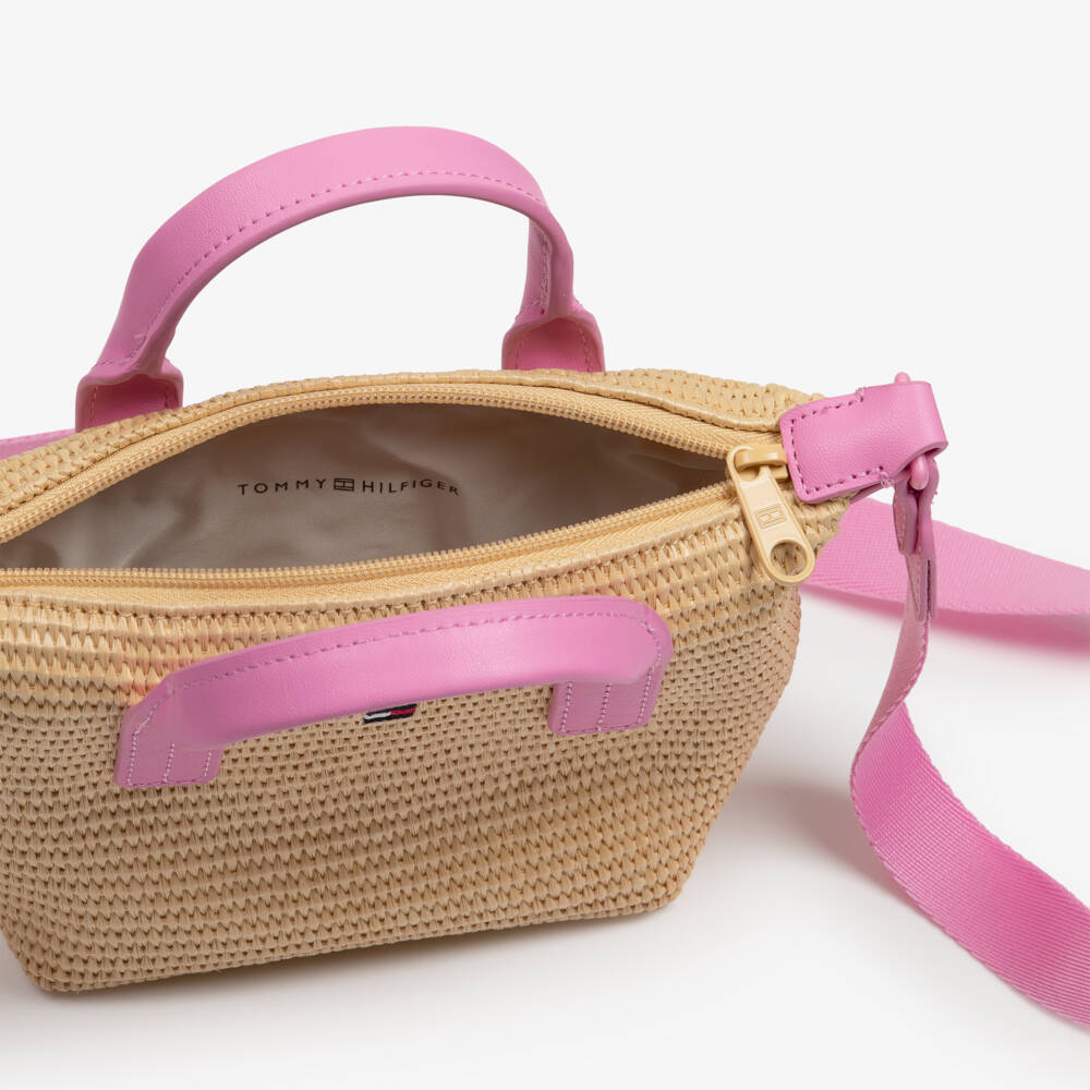 Tommy Hilfiger-Girls Pink & Beige Raffia Crossbody Bag (15cm) | Childrensalon