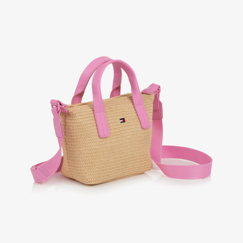 Tommy Hilfiger-Girls Pink & Beige Raffia Crossbody Bag (15cm) | Childrensalon