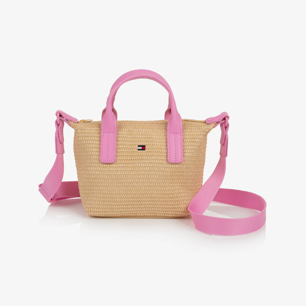 Tommy Hilfiger-Girls Pink & Beige Raffia Crossbody Bag (15cm) | Childrensalon
