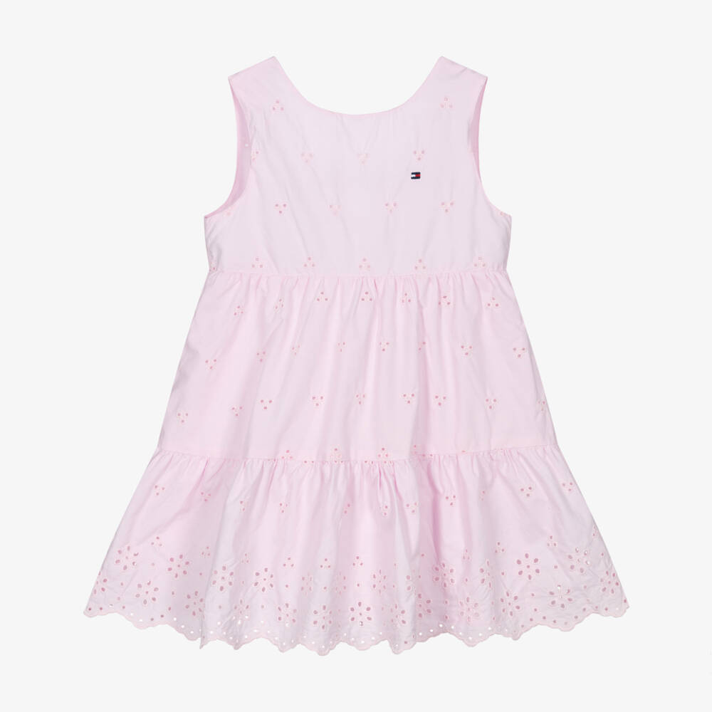 Tommy Hilfiger-Girls Pink Broderie Anglaise Cotton Dress | Childrensalon