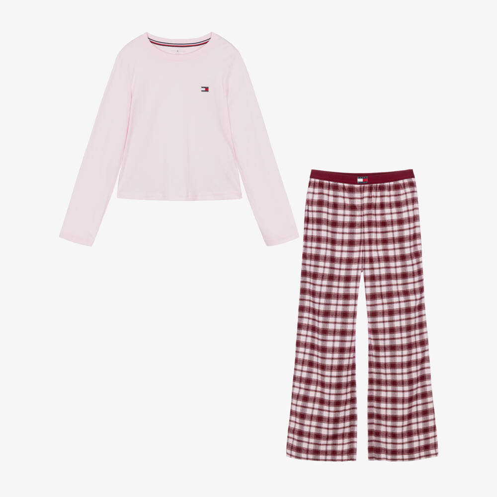 Tommy Hilfiger-Girls Pink & Burgundy Check Cotton Pyjamas | Childrensalon