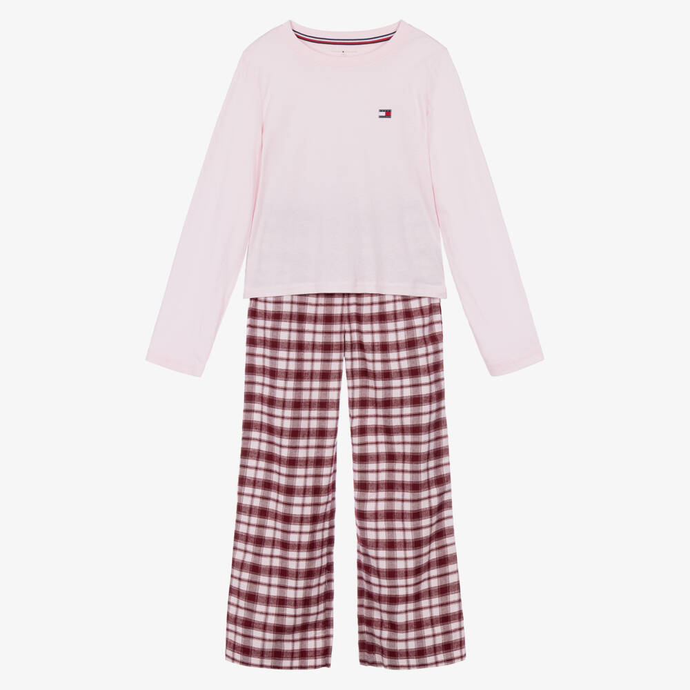 Tommy Hilfiger-Girls Pink & Burgundy Check Cotton Pyjamas | Childrensalon