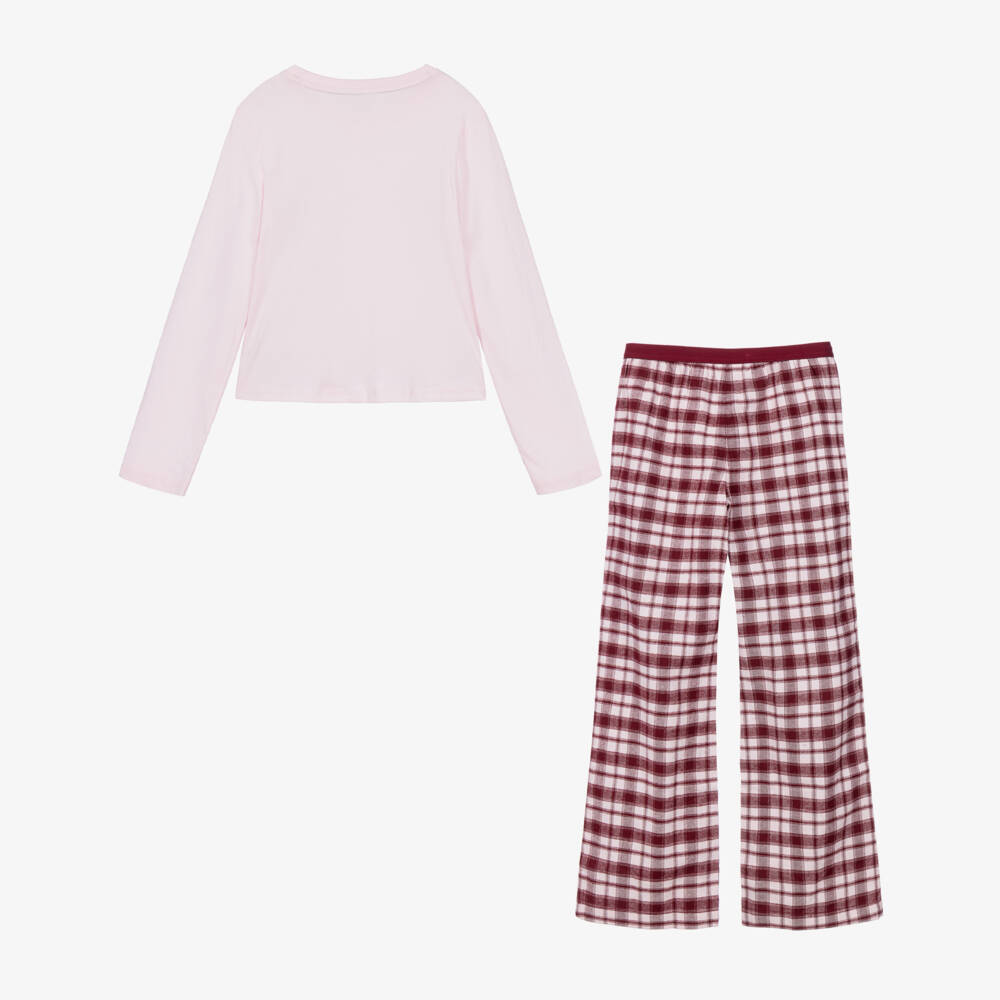 Tommy Hilfiger-Girls Pink & Burgundy Check Cotton Pyjamas | Childrensalon