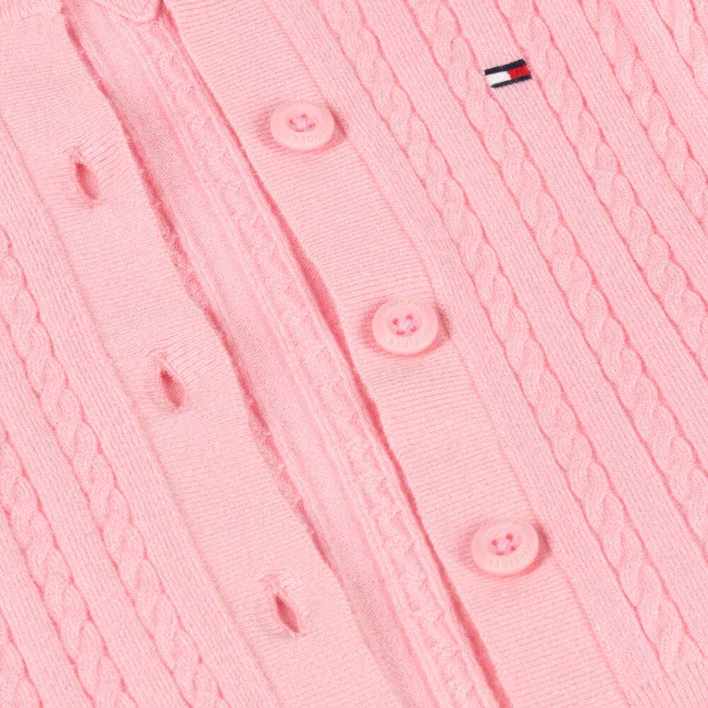 Tommy Hilfiger-Girls Pink Cable Knit Crew Neck Cardigan | Childrensalon