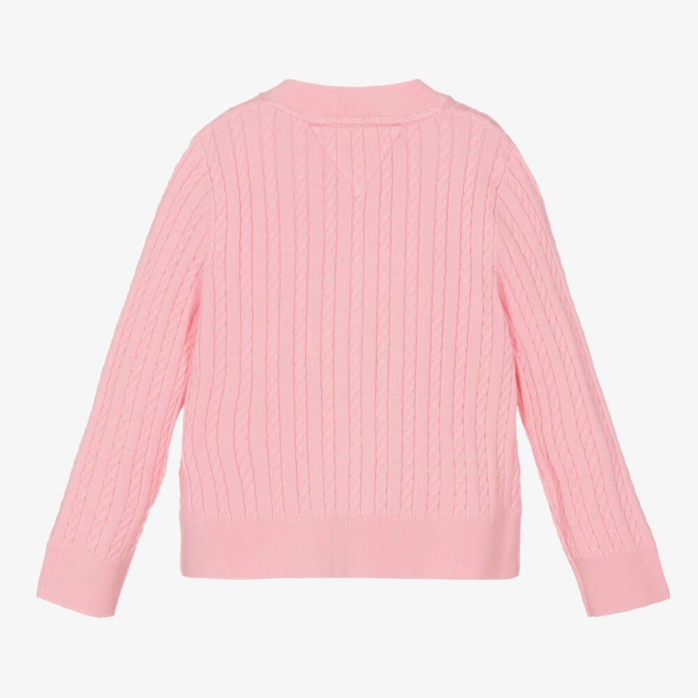 Tommy Hilfiger-Girls Pink Cable Knit Crew Neck Cardigan | Childrensalon